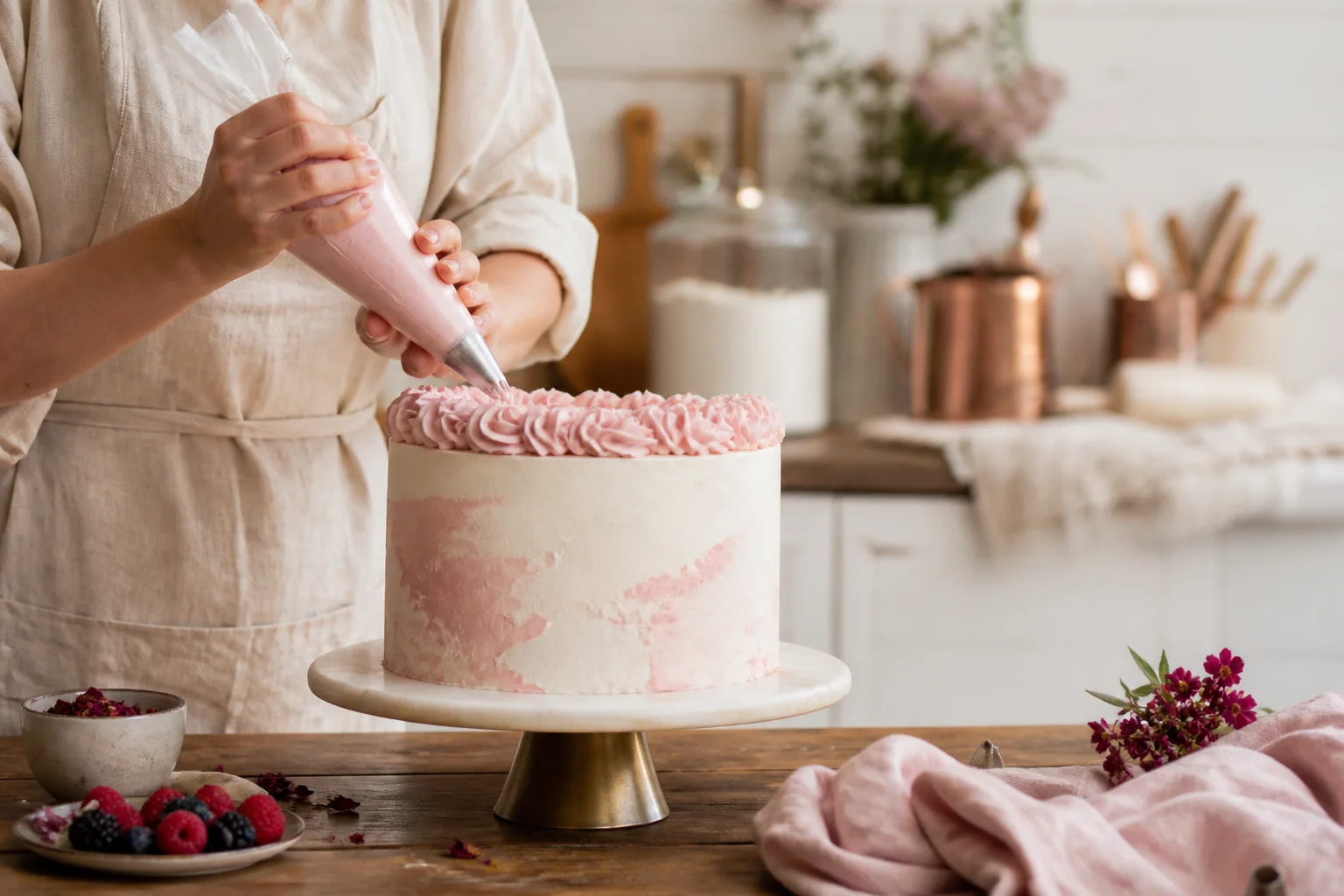 Baker piping the final blush rosettes onto a celebration cake