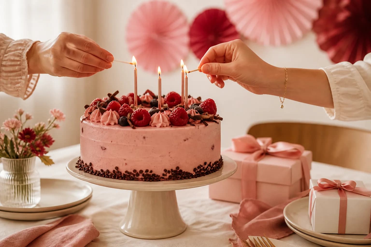 Pink birthday cake on a joyful celebration table