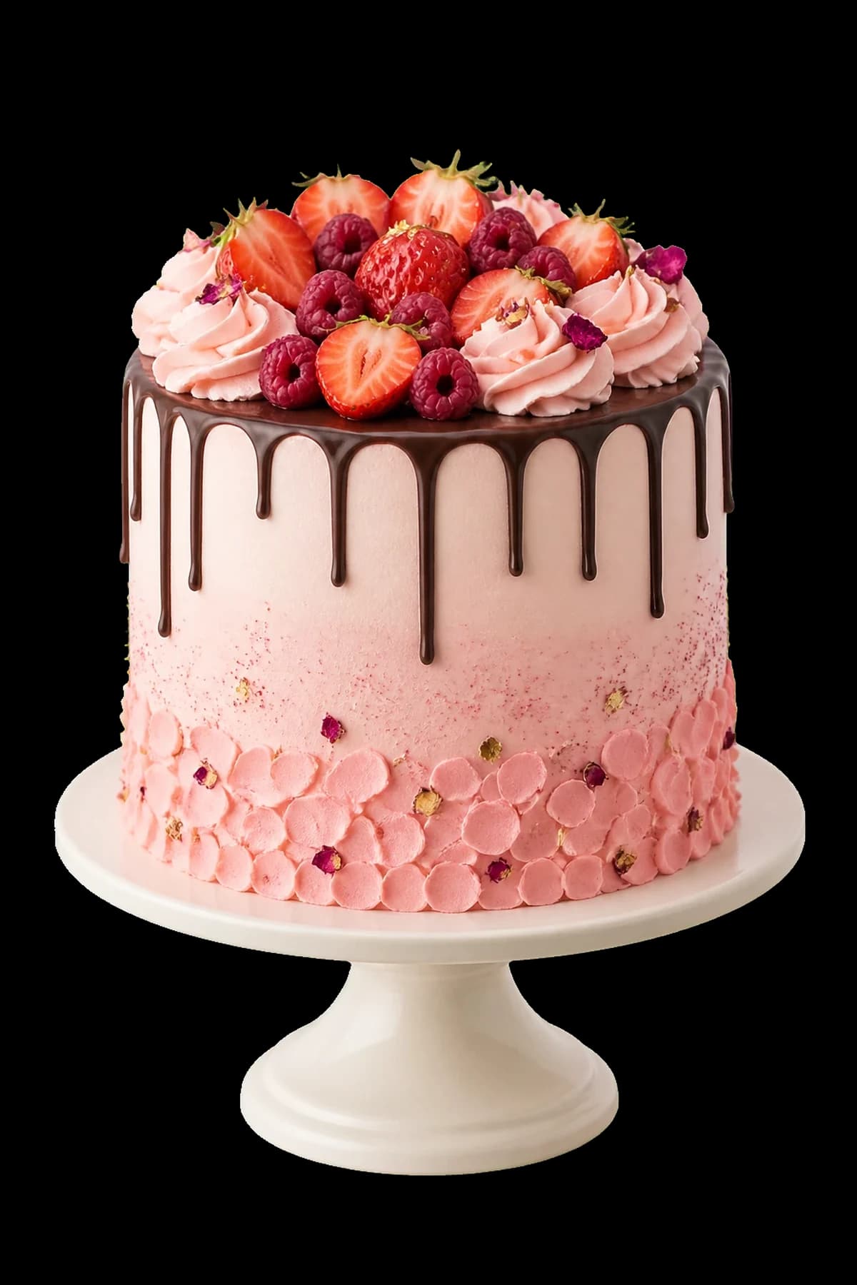 Signature pink celebration cake with chocolate drip, berries, and hand-piped flowers