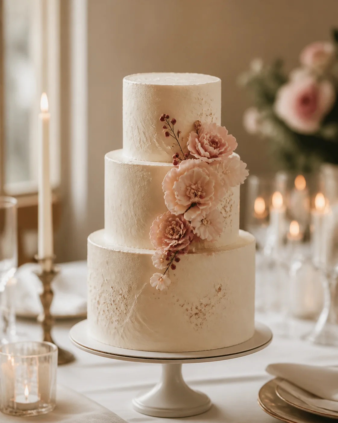 Tiered wedding cake with delicate floral finishing